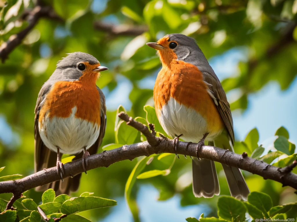 a robin perched on a branch, detailed feathers, birds eye view, warm sunlight, lush greenery, intricate textures, photorealistic, (best quality,4k,8k,highres,masterpiece:1.2),ultra-detailed,(realistic,photorealistic,photo-realistic:1.37),HDR,studio lighting,extremely detailed bird,vibrant colors,natural lighting