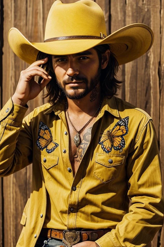 I want you to make me a guy with a yellow emoji face with a cowboy hat and butterfly tattoos