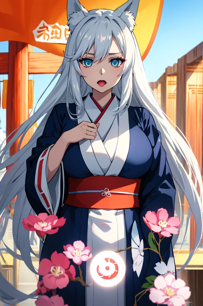 Huge , kimono, white circle eyes, Busty, best quality, (masterpiece:1.2), highly detailed, 1girl, looking at viewer, emotionless, open mouth, blue eyes, long hair, shrine, silver hair, fox ears, fox tails, close up