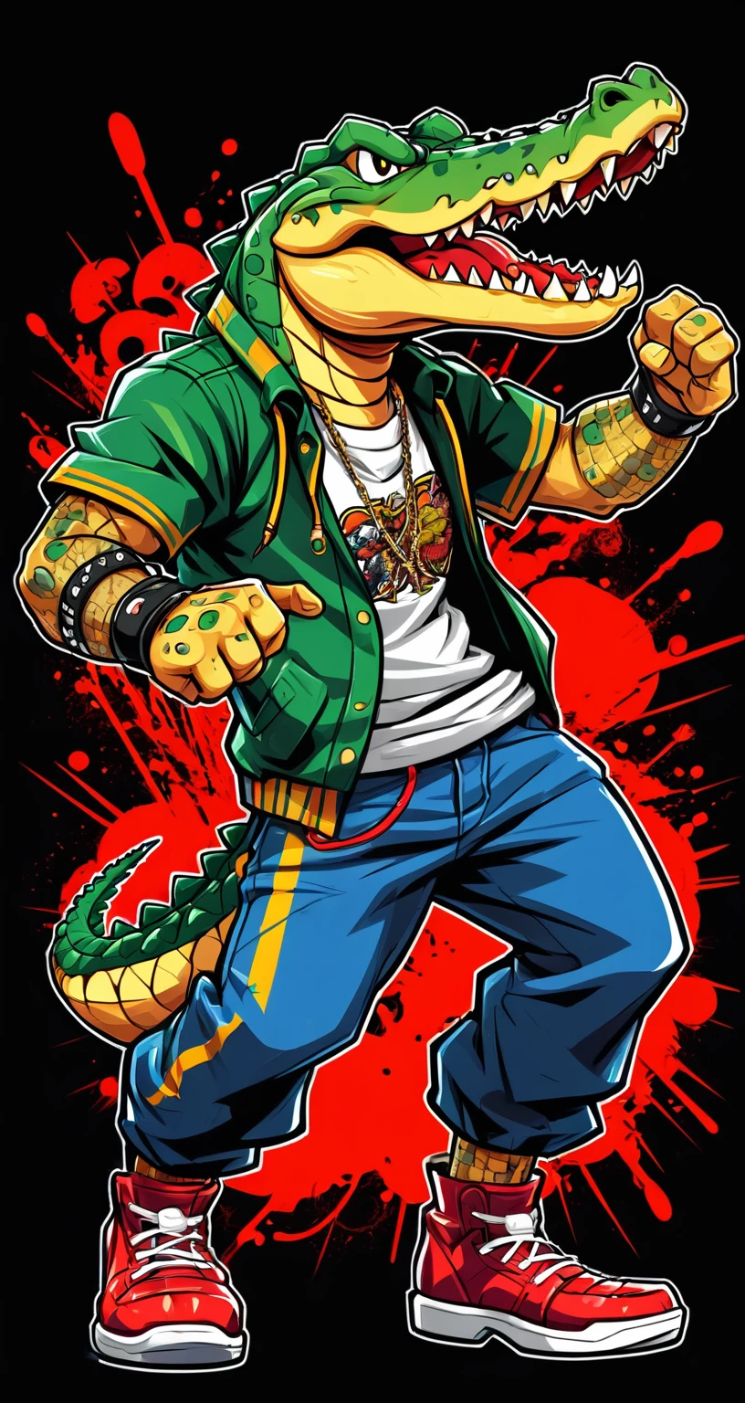 Crocodile style fighting game, Hip-Hop Style, t shirt design, flat-colors, vectorial art, ((black backdrop)) . dynamic, Vibrant, full of action, detailed character design, reminiscent of fighting video games