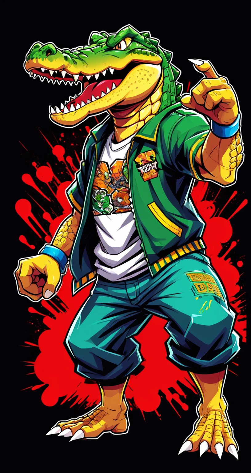 Crocodile style fighting game, Hip-Hop Style, t shirt design, flat-colors, vectorial art, ((black backdrop)) . dynamic, Vibrant, full of action, detailed character design, reminiscent of fighting video games