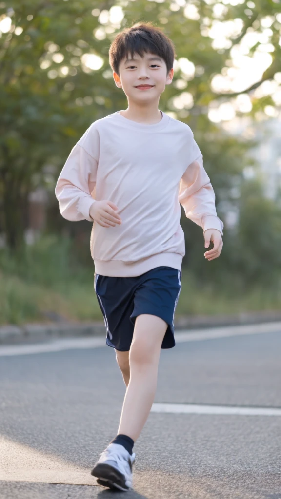 ,Smile，Spread your white and slender legs，jogging，full body，8K facial features are exquisite，Handsome boyish feeling，8k，masterpiece,((best quality)),photography,photograph
