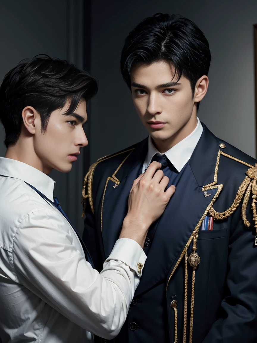 ((masterpiece)),((best quality)),8K,high detail,Very detailed, Very manly,3 men, like,fashion pose, Realistic skin texture, Light,
Royal blue style couple,Perfect hand details