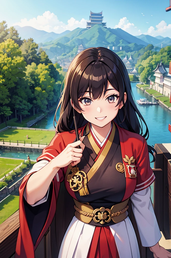 Female, solo, meiji military outfit, pov, proudly smile, boshin, Japanese castle background