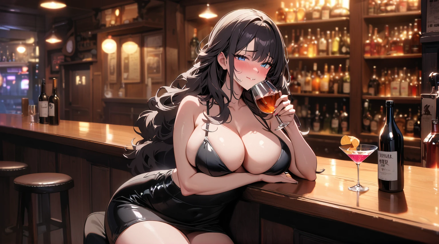 Sad expression，（best quality, 4K, high resolution, Masterpiece: 1.2, extremely detailed), sad expression looking at camera, big breasts, 40 year old girl, 独奏, brunette, fluffy long hair, blue eyes, (drunk, blushing), (sitting, drinking), ((mature sexy body)), black stockings, black off-shoulder dress, holding a glass, counter, pub, (fashionable pub) hinterland, ((cocktail glass) filled with colorful liquor), (dimly lit room), wine bottle, detailed background, (((night background)))), (((in the pub))), wine, whiskey, highball, (shiny light, effects: 1.2)