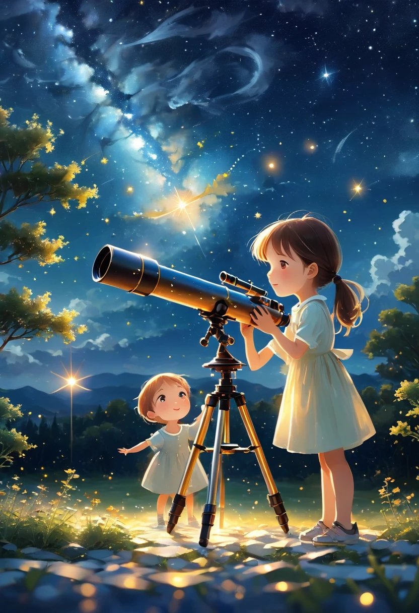 Children looking at the starry sky through a telescope（（（masterpiece）））， （（best quality））