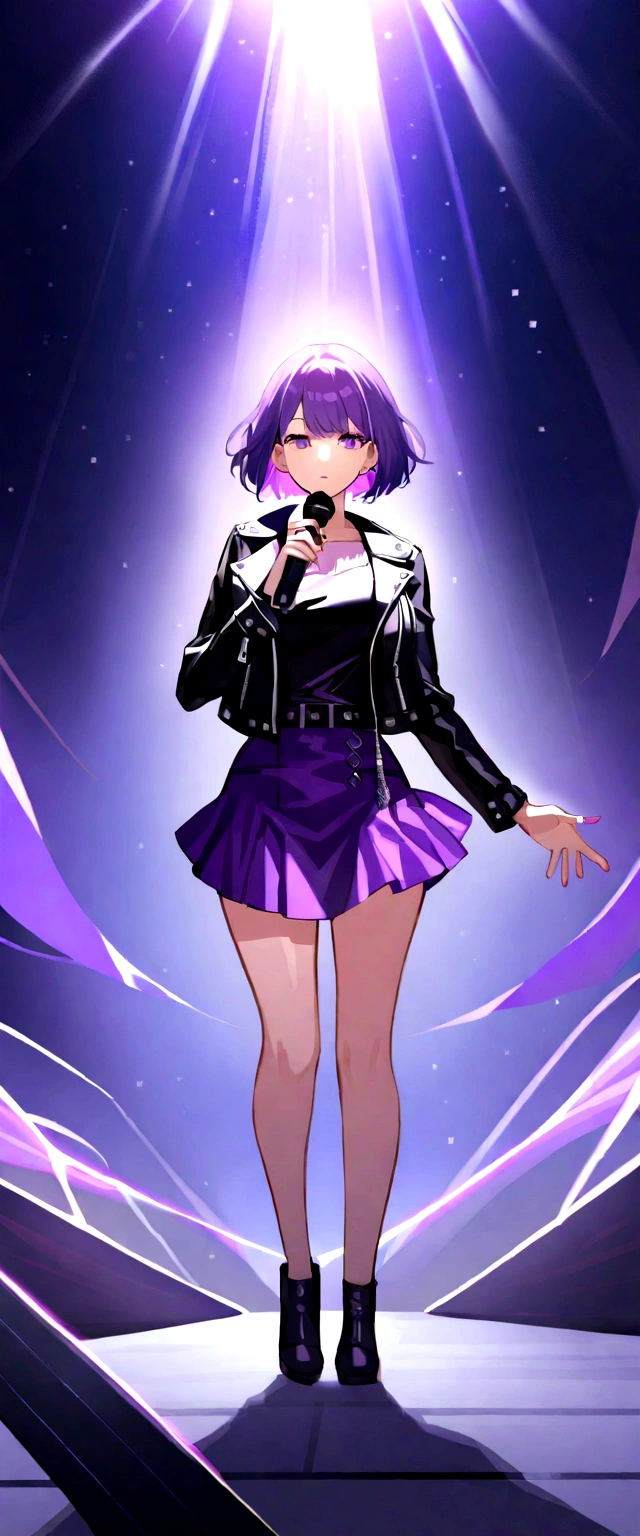 Full body girl in a long leather jacket, with a short purple skirt with black stripes, with hearing, a short hair with a purple lock and a microphone in his hand.