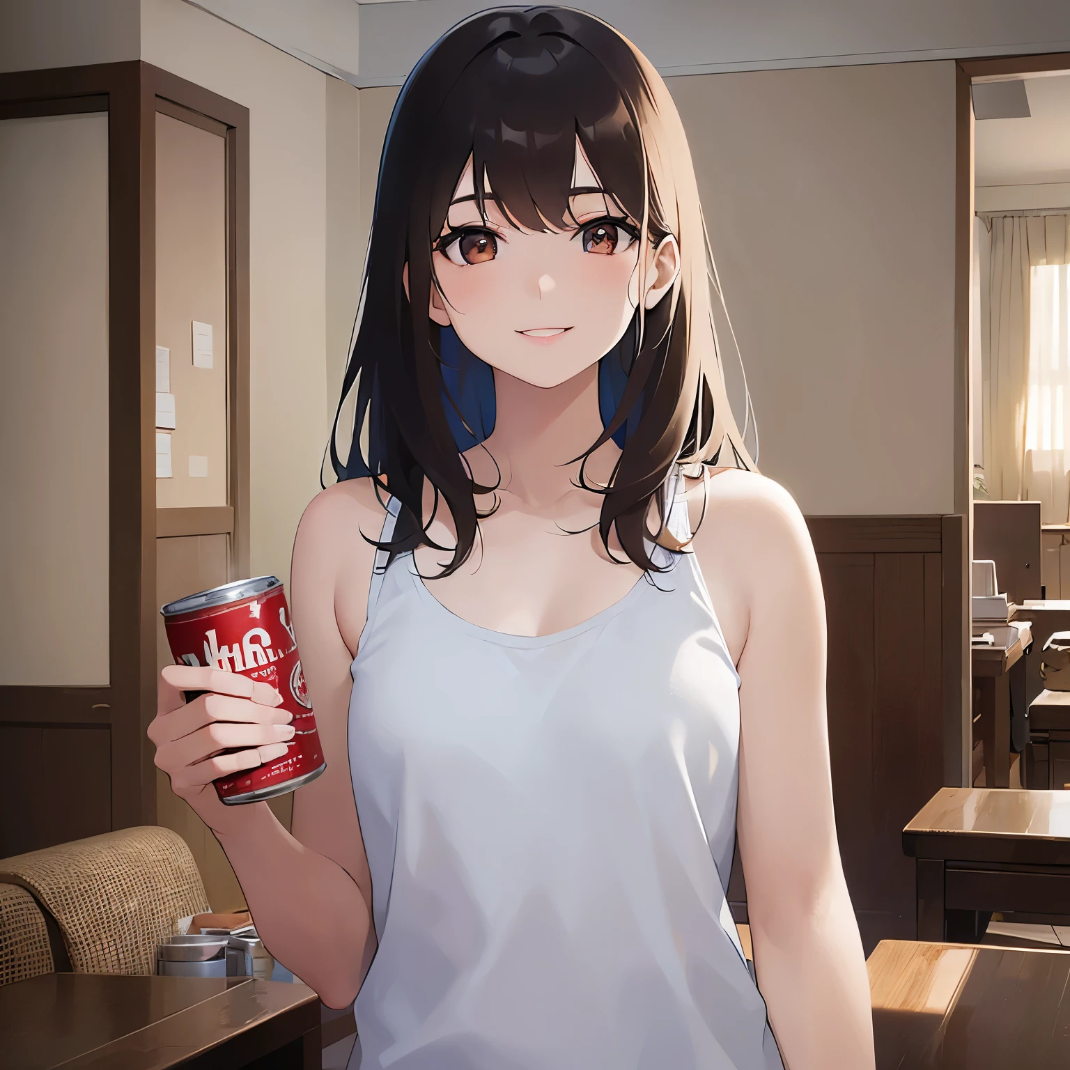 (lookin away:1.5),Upper Body, Shrugging shoulders、
Realistic, real person, (pale skin: 1.2), RAW photo, photorealistic, shiny skin, shiny hair、
(A 25-year-old woman with medium-length hair and bangs) and (wavy hair) and (brown hair) and (Orange Eyes)、blush,(smile:1.5), 
(orenged tank top),The background is the living room at night、holding a can of beer