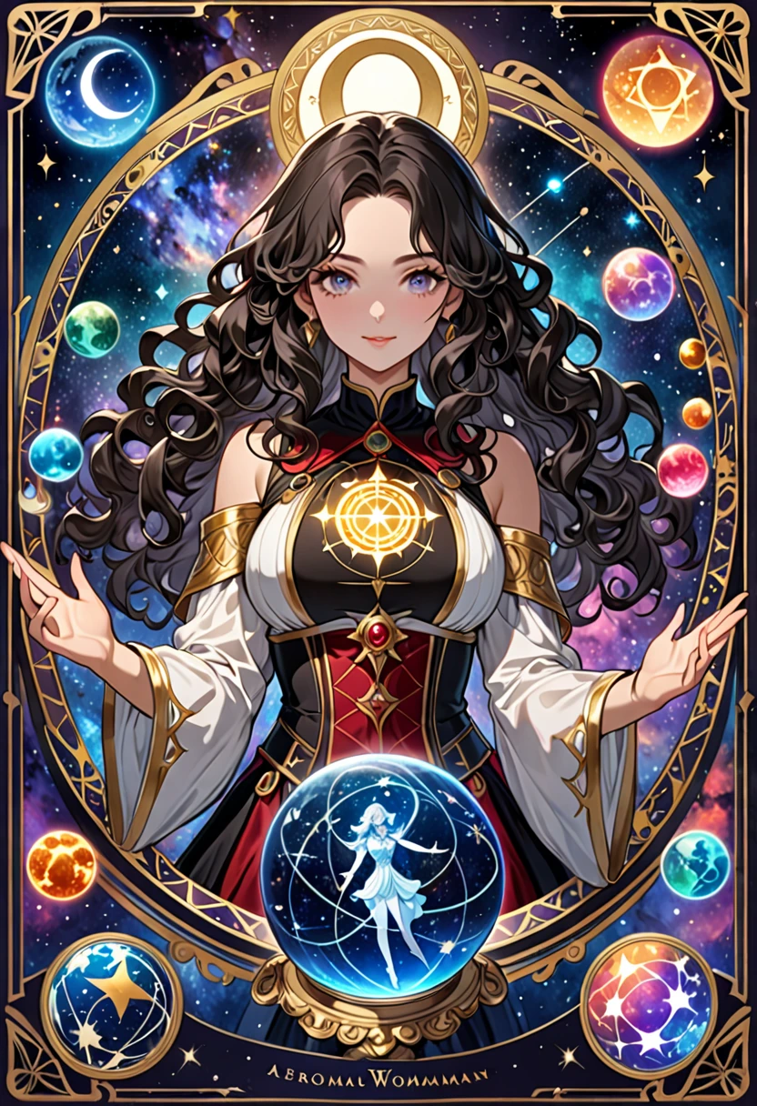 Highest quality, 16K, Unbelievably absurd, Very detailed, 2.5D, delicate and dynamic, , formal, universe space, Night Sky, Crescent Moon, constellation, Gorgeous nebula, meteor, , Tarot Cards, Giant magic circle, A complex magic circle, Colorful magic circle, A colorful celestial globe, Small face, Very delicate facial expressions, Delicate eye depiction, Upper body close-up, erotic, One sexy woman, Cool woman, black long wavy hair, Healthy body shape, 25-year-old woman, Cool woman, Height: 170cm, huge bouncing busts, astrologer, Horoscope, Tarot Cards, Calm expression, A complex magician&#39;s outfit, Magician&#39;s outfit in chic colors, garter belt, Fishnet tights, Magician&#39;s Shoes, Fortune telling, Declare, Tarot Cardsを配る, Tarot Cardsをめくる