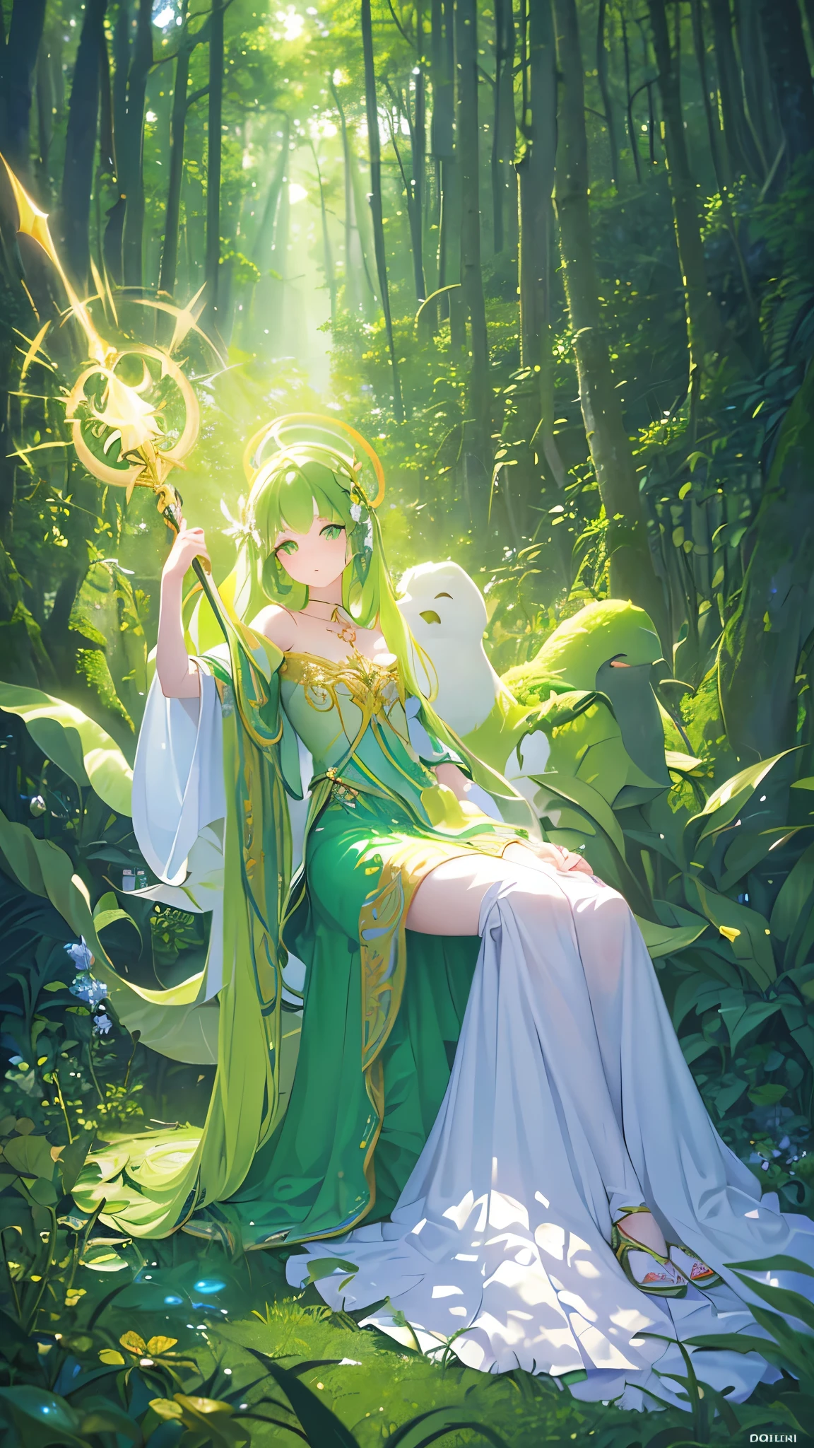 Name: Yuna Arboriosa
Element: VERDANTHIA
Description: The Forest Guardian, protector of the mystical Sakura Forest. A gentle, enigmatic being with the power to heal and nurture all living things. Her calming presence revitalizes the spirits of those who seek her counsel.
Prompt: ((((Belle de la forêt, Haute qualité, ultrahaute résolution)))), 1girl, serene, sitting, (long green hair, leaves in hair:1), green eyes, (detailed and vibrant, glowing with life), (((ultra detailed face, beautiful eyes, detailed facial features:0.8))), ((centered)), (full body shot), facing viewer, (((outdoors, lush forest, sunbeams filtering through the trees:0.9))), curvy figure, wearing a flowing, green dress made of vines and flowers, holding a branch adorned with blossoms, ((long, graceful arms)), ((hands resting on knees, or holding a staff or a small animal)), green and gold aura, ((expression: thoughtful or contemplative)), beautiful lighting, outside, forest, background, ((defined subject)), 25 years old, ((leaning forward, leaning back)), (((warm and nurturing)))