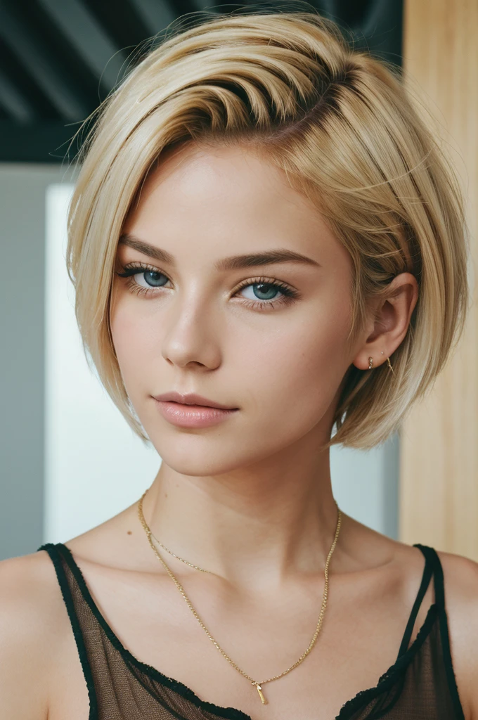 8k, RAW photo, Fujifilm, style photo of a beautiful young man live news (highly detailed skin: 1.2) Style-Petal BREAK short hair, blonde hair with colored locks, wearing a dress, film granulation, 35mm, cute style