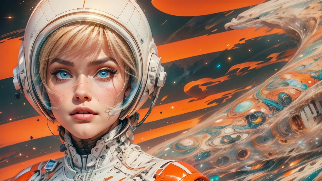 arafed image of a white woman in a futuristic suit with a spaceship in the background, movie art, in front of an orange background, inspired by Robert McGinnis, female protagonist, megastructure in the background, portrait of an ai astronaut, astronauts, an astronaut, portrait of a astronaut skeletor, perfect android girl, Highly Detailed Face and Skin Texture, Detailed Eyes, Double eyelids, perfectly detailed teeth, frank franzzeta and sakimichan