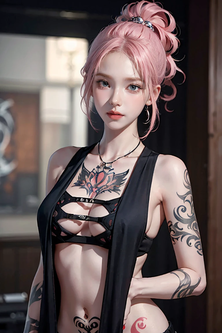 Pink Hair, Perfect Style, Beautiful Face, Highly detailed face and skin texture, (Maximum resolution: 1.2), 1 female, alone, Hip Up, jewelry, (((She has many tattoos all over her body)), Streetwear, I&#39;Exercising at the gym, Pink Hair, Shorts, Sports boots, (((Tight waist))), ((Big Breasts)),NSFW