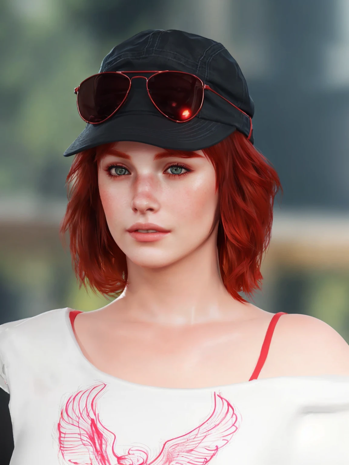 there is a woman with red hair wearing a hat and sunglasses, photorealistic artstyle, realistic artstyle, portrait of max caulfield, red haired girl, redhead girl, realism artstyle, hyper realistic style, photorealistic style, red hair girl, claire redfield