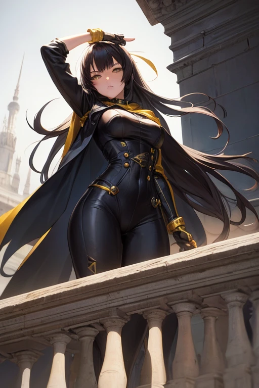 Anime girl in a yellow cape and a black suit standing on a ledge., style germ of art, cushart krenz art key women, krenz cushart and germ of art, in the style germ of art, android heroine, style of germ of art, extremely detailed germ of art, germ of art style, ig model | germ of art
