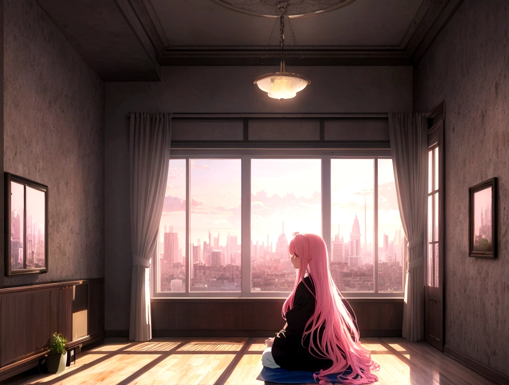 Absurd, High resolution, (Official Art, beautifully、aesthetic:1.2), Sit by the window and look outside, Bright Sky, A vast world, girl,  Awe-inspiring expressions, light pink long hair, Lo-fi Girl, Kaisei and Artgelm, Anime atmosphere, Lofi Artstyle, Anime Style 4k, Anime Aesthetics, Lo-fi feeling, Lofi Art, anime art wallpaper 4k, An atmosphere of praise, Rooms with large windows, Emotional cityscape, city room