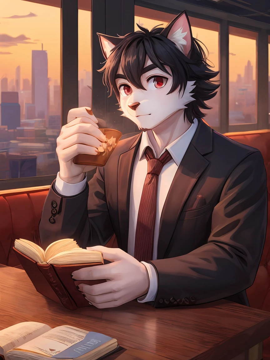 White cat youth,Black hair,Red eyes,White hairy hands,Black suit,Dark and thick eyebrows,Red tie,Cafe,City sunset,Holding a magic book in hand