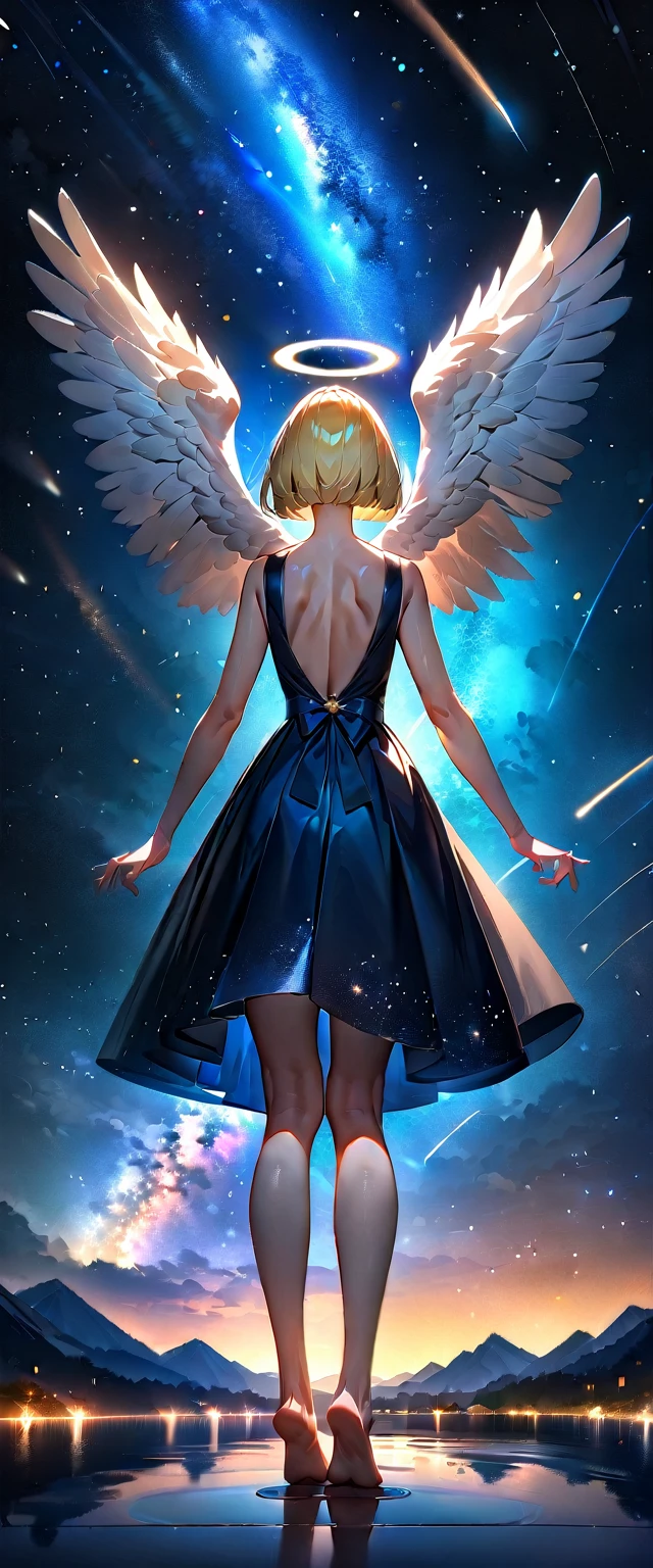 (((A meteor shower dancing in the night sky, countless stars twinkling in the clear air, a beautiful starry sky, the Milky Way shining beautifully in the night))), flying, (((with big angel wings on back))), halo, backless dress, looking up, mountain, wide shot, back shot, a girl, bob cut, bare legs, bare foot, blond hair, (best quality, 4K, 8K, highres, masterpiece:1.2, ultra-detailed, HDR, uhd, studio lighting, ultra-fine painting, sharp focus, physically-based rendering, extreme detail description, professional, vivid colors, bokeh)