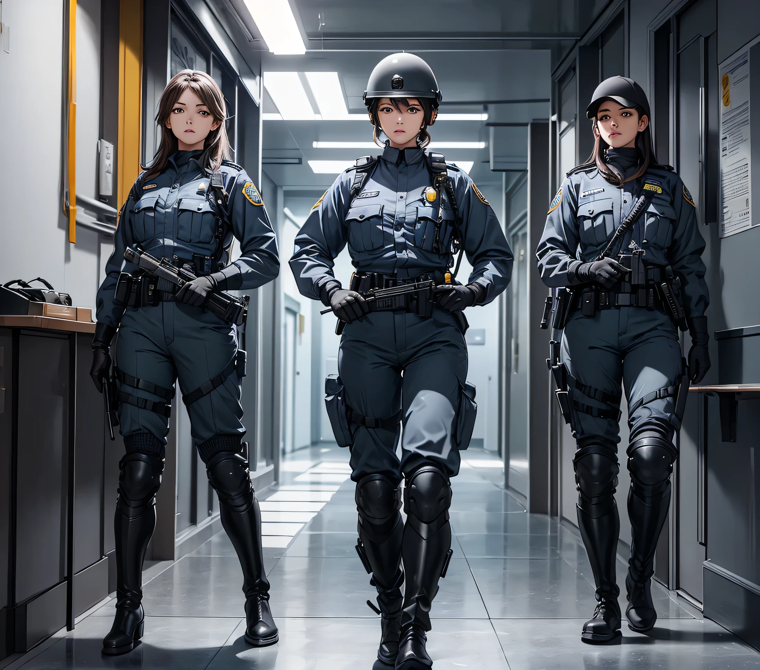 A group of female police officers wearing helmets、Standing guard in the interior corridor、grey、Military Pants、Riding boots、Gloves、Write details、masterpiece、best quality、Highly detailed CG、8K picture quality