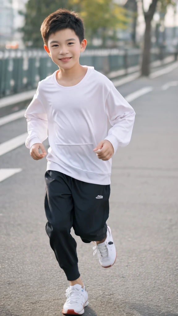 12-year-old boy,Smile，Spread your white and slender legs，jogging，full body，8K