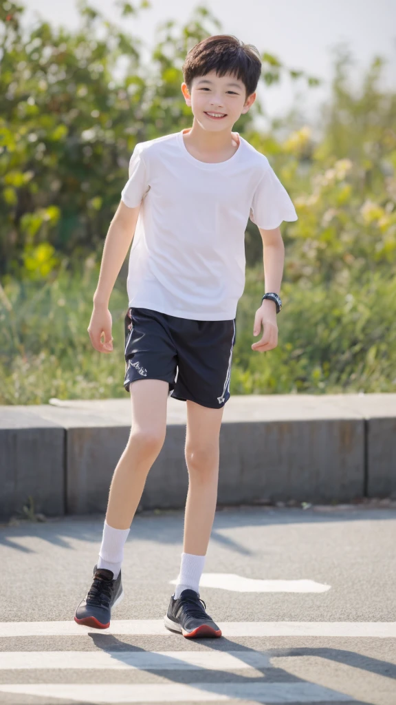 12-year-old boy,Smile，Spread your white and slender legs，jogging，full body，8K