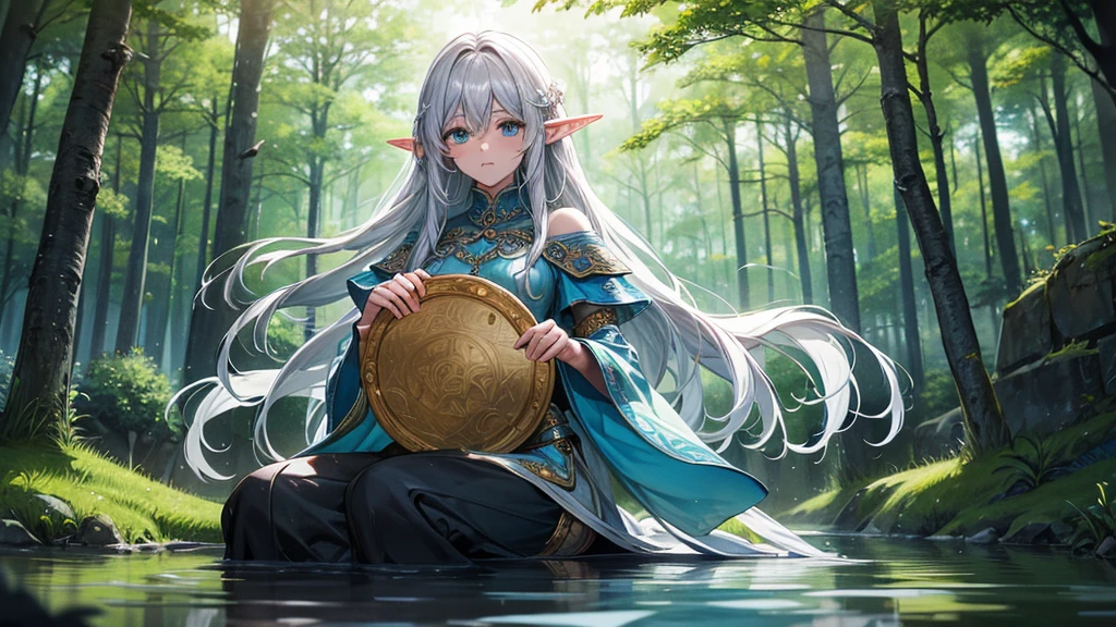 Create a series of animated fantasy images to accompany a high-quality, Celtic-inspired Lofi music video. Each image should evoke a sense of enchantment and tranquility, including lush landscapes, mystical forests, tranquil lakes and ancient stone cairns. The scene will include elements such as a gentle stream, dreamy lights and figures of fairy-like creatures to enhance the magical atmosphere, with an elven woman with long silvery hair playing a bodhran in the center.16：9
