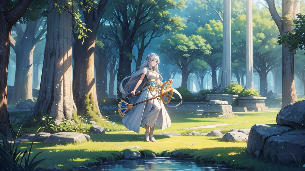 Create a series of animated fantasy images to accompany a high-quality, Celtic-inspired Lofi music video. Each image should evoke a sense of enchantment and tranquility, including lush landscapes, mystical forests, tranquil lakes and ancient stone cairns. The scene will include elements such as a gentle stream, dreamy lights and figures of fairy-like creatures to enhance the magical atmosphere, with an elven woman with long silvery hair playing a bodhran in the center.16:9