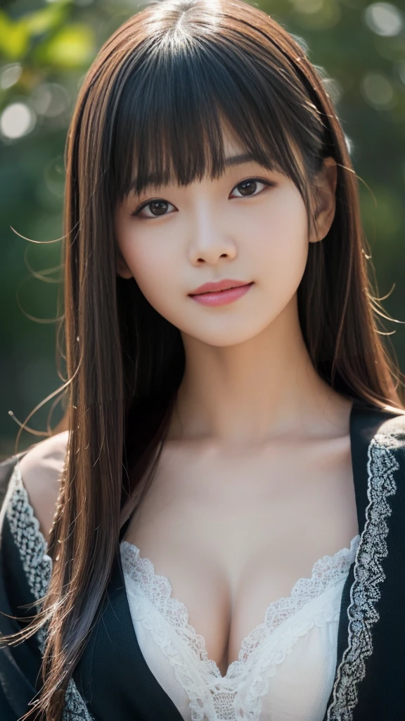 (Ultra-realistic), (figure), (Increased resolution), (8K), (Very detailed), (Best figure), (Beautiful and detailed), (Highest quality), (Super detailed), (masterpiece ), ( wallpaper), (Detailed face), alone, 1 Girl, View your viewers, Fine details, Detailed face, In the Dark, Deep Shadow, Modest, Pure Erotic Face Ace_v1, smile, Long Hair, Black shawl straight hair 46 point diagonal bangs