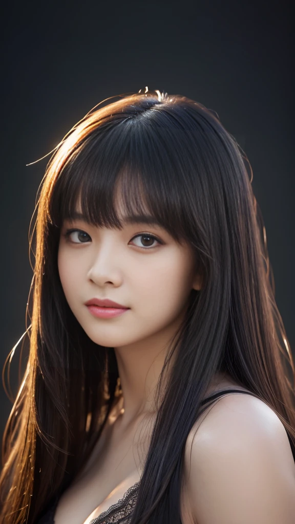 (Ultra-realistic), (figure), (Increased resolution), (8K), (Very detailed), (Best figure), (Beautiful and detailed), (Highest quality), (Super detailed), (masterpiece ), ( wallpaper), (Detailed face), alone, 1 Girl, View your viewers, Fine details, Detailed face, In the Dark, Deep Shadow, Modest, Pure Erotic Face Ace_v1, smile, Long Hair, Black shawl straight hair 46 point diagonal bangs