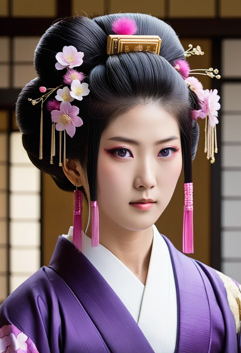 hair: 長い黒hair
目: There are six eyes on the face、Purple eyes face: Dignified appearance and clothing: Traditional Japanese clothing、Special note on dark kimonos: There is a scar-like mark on the forehead.
