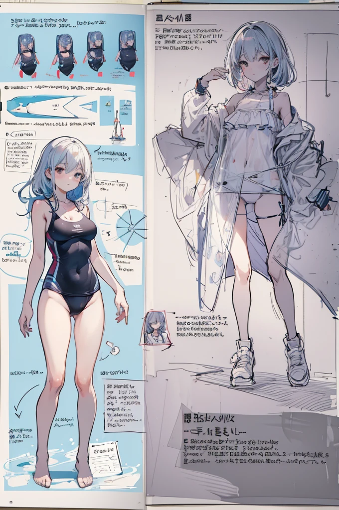 swimsuit, multiple views, pencil sketch, (sketch:1.25), best quality, Line draft, highres, (ultra-detailed:1.1), (illustration:1.1), (infographic:1.2), (solo), perfectly drawn hands, standing, cohesive background, paper, action, (character design:1.1),