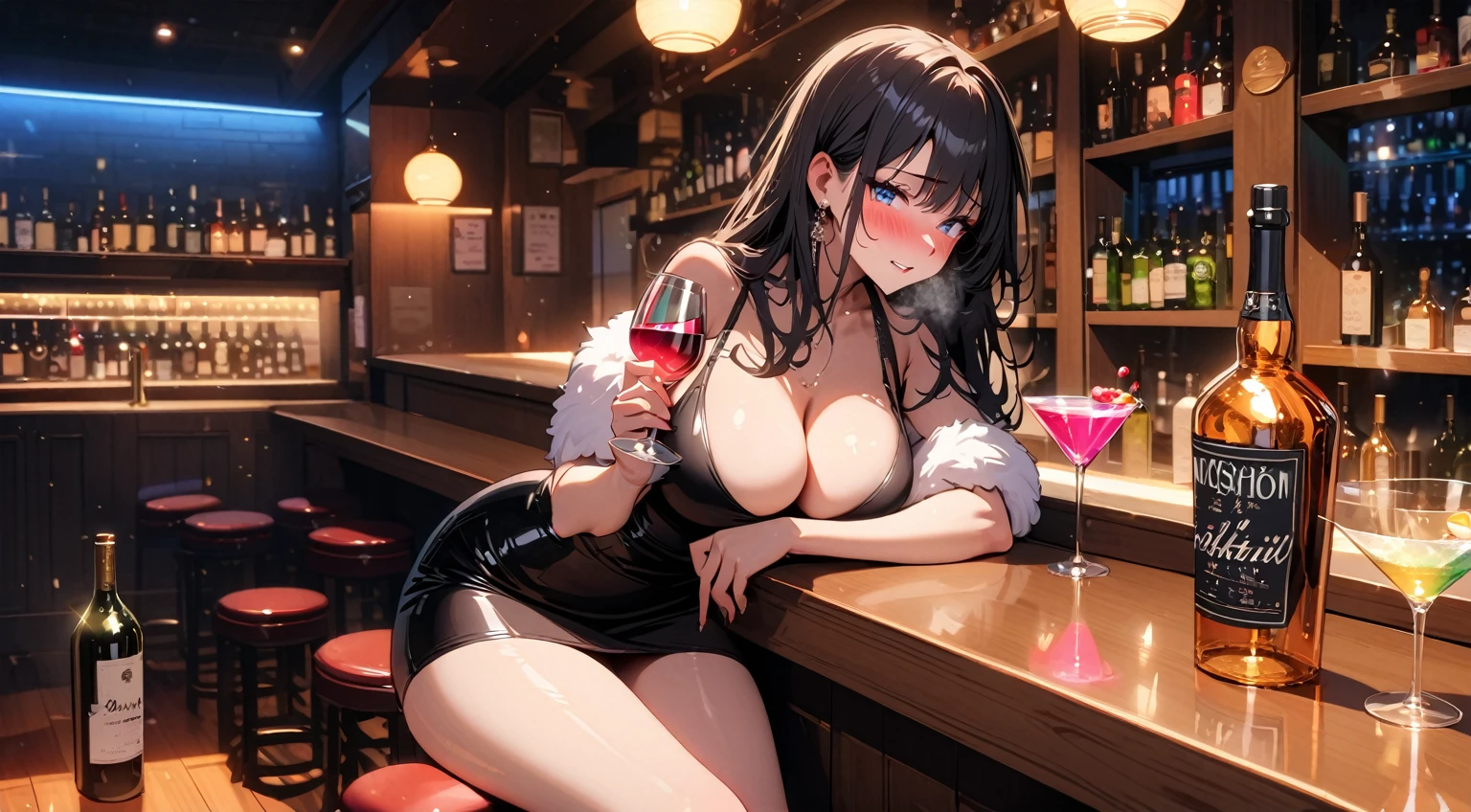 Sad expression，(best quality, 4K, high resolution, masterpiece:1.2, Extremely detailed），((Looking at the camera sadly))，Large Breasts,38 years old girl,独奏,black hair,long hair,blue eyes,(drunk,blush),sitting,drinking,((Mature sexy body))，Black stockings，Black tight skirt, Mature sexy body,holding mug,counter,pub,(Fashion bar) indoors, ((Cocktail Glass) Full of colorful wine), (dimly light room), Wine Bottle, Detailed background，Fluffy hair