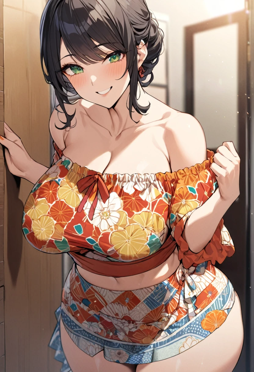 masterpiece,ultra detailed,1woman,off-the -shoulder short summer blouse,pattern skirt,standing,at tokyo,curvy body,medium tied up hair,black hair,(tareme),happy smile,oval face,make up,mature cheerful woman,green eyes,