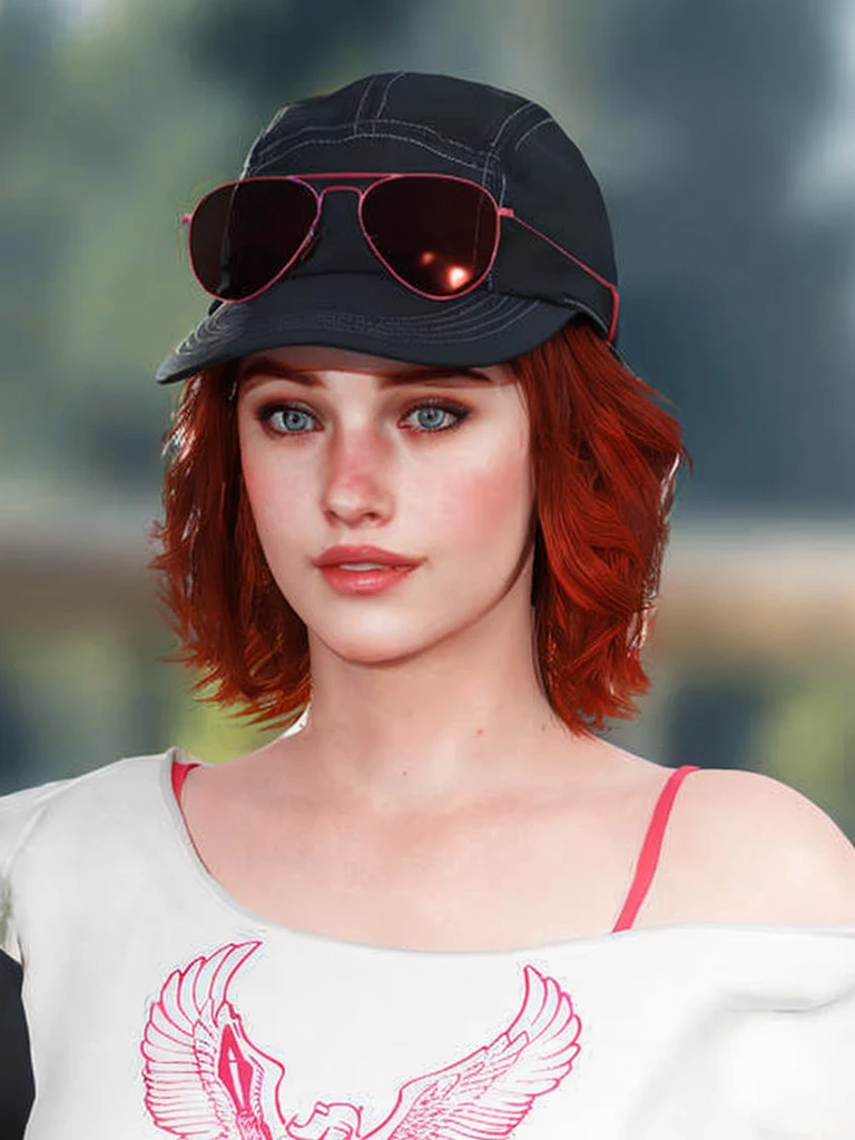 there is a woman with red hair wearing a hat and sunglasses, photorealistic artstyle, realistic artstyle, portrait of max caulfield, red haired girl, redhead girl, realism artstyle, hyper realistic style, photorealistic style, red hair girl, claire redfield