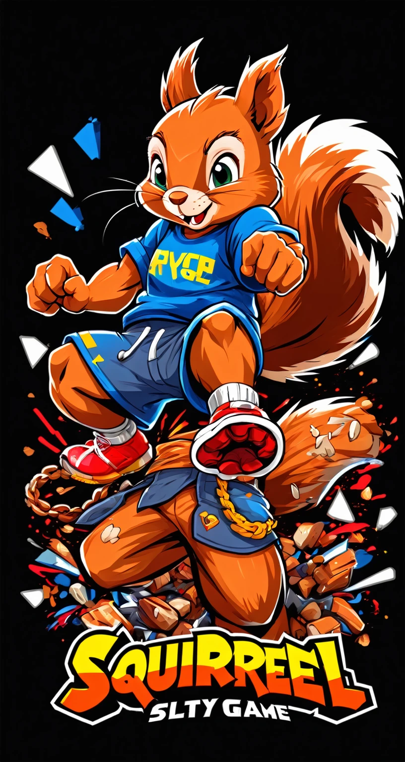Squirrel style fighting game, Hip-Hop Style, t shirt design, flat-colors, vectorial art, ((black backdrop)) . dynamic, Vibrant, full of action, detailed character design, reminiscent of fighting video games
