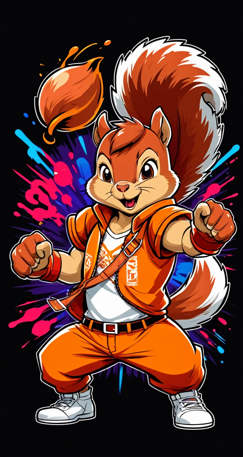 Squirrel style fighting game, Hip-Hop Style, t shirt design, flat-colors, vectorial art, ((black backdrop)) . dynamic, Vibrant, full of action, detailed character design, reminiscent of fighting video games