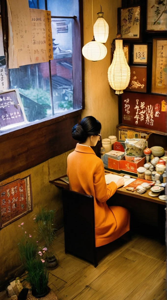 masterpiece,best quality,Aesthetic,Editorial Photography,Urban street photography,For the audience,The female shop owner is in the lower middle of the photo,She was pale，wearing glasses，Sitting at a desk working,Girl repairing things,Thousands of items hang on the wall behind her,The style of Junji Ito and Takato Yamamoto,cool theme,Film Grain,Depth of Field,Wild grass,