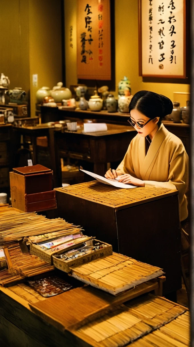 masterpiece,best quality,Aesthetic,Editorial Photography,Urban street photography,For the audience,The female shop owner is in the lower middle of the photo,She was pale，wearing glasses，Sitting at a desk working,Girl repairing things,Thousands of items hang on the wall behind her,The style of Junji Ito and Takato Yamamoto,cool theme,Film Grain,Depth of Field,Wild grass,