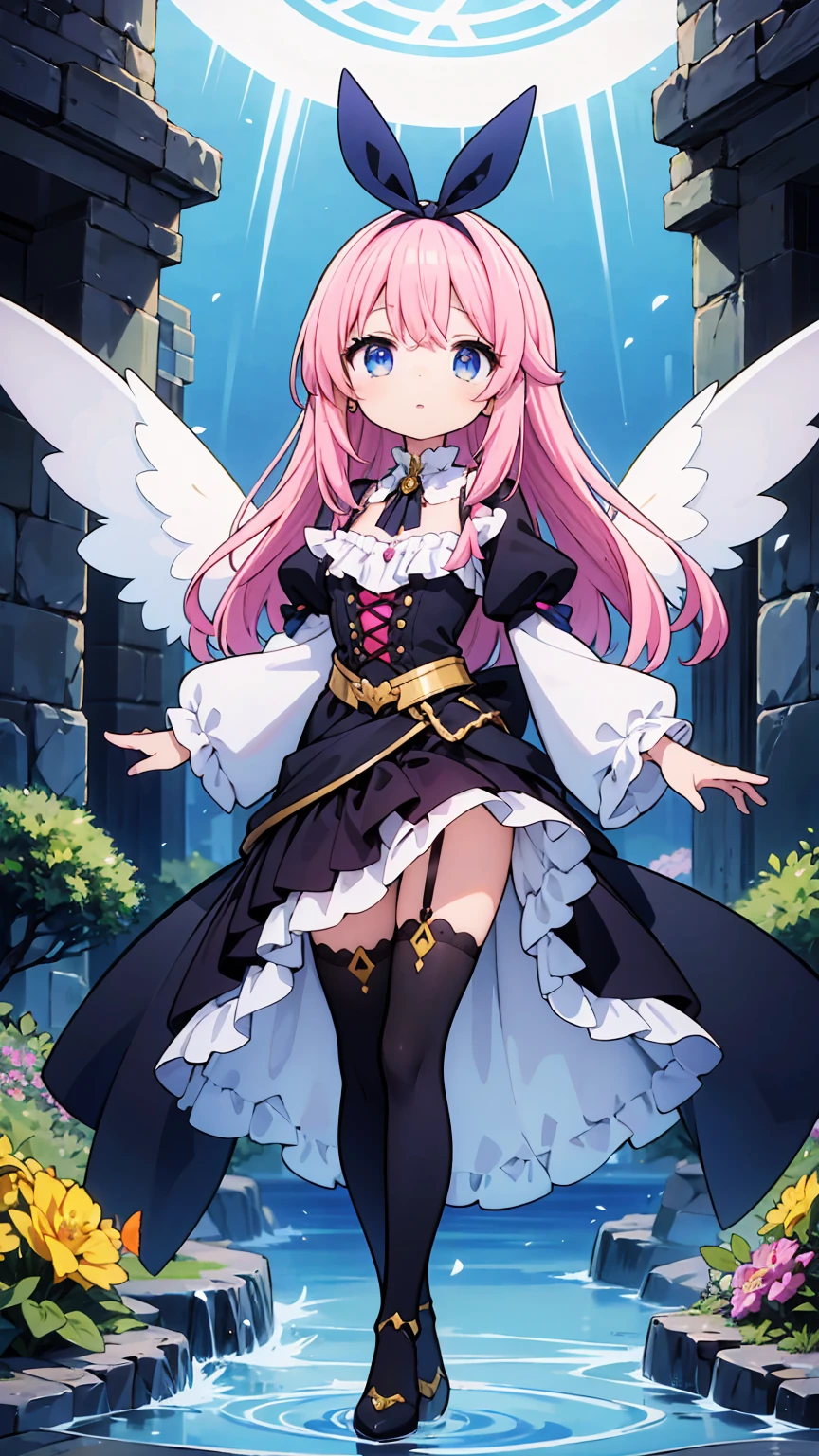 ( high quality , Super detailed, Watch your hands )This character is a beautifully designed anime-like character with delicate features. She has long, pastel pink hair that flows down to her ankles, with bangs swept to the side. Her eyes are large and expressive, with pink irises, which are commonly seen in anime-style characters. She is wearing a fantasy-inspired outfit that combines purple and black colors with gold accents. The outfit includes a form-fitting bodice with a high collar, frills, lace details, and thigh-high stockings with ribbon lacing. The character is adorned with ribbon-like accessories, such as a large bow in her hair and smaller bows on her outfit. She also has gold chains hanging from her waist and thigh. Her pose is playful, with one leg lifted slightly and a finger held to her lips, suggesting a secret or silence. Additionally, she has two elaborate wings, possibly mechanical or magical in nature, with multiple segments and a circular design near the base. The character is depicted in a vibrant scene with flowers matching her hair color, patches of grass, and a gemstone on the ground, creating a whimsical and otherworldly atmosphere.Chibi Character,Hands are hidden in sleeves