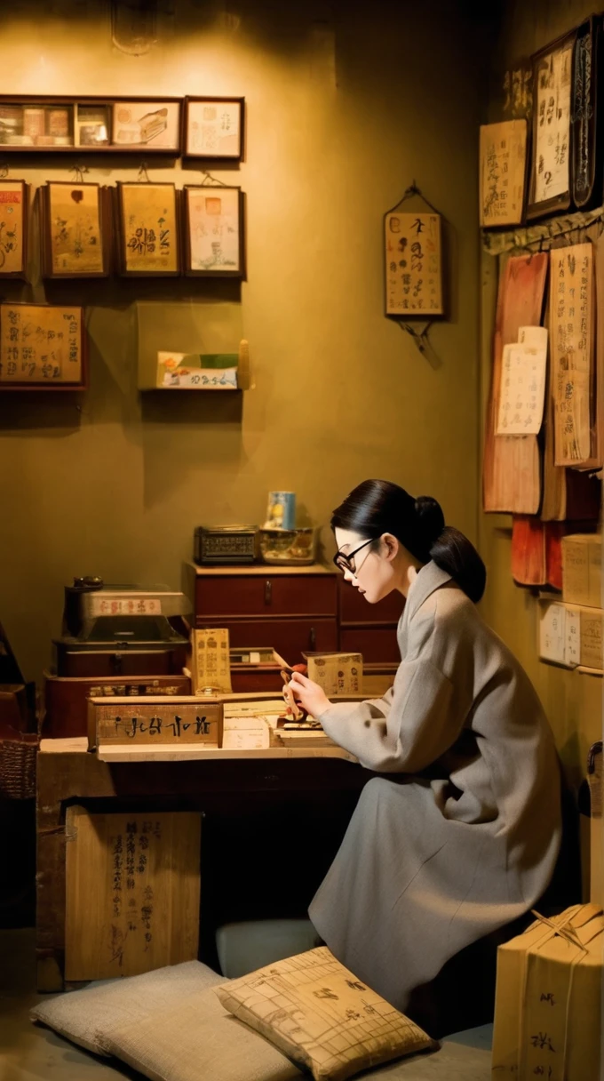 masterpiece,best quality,Aesthetic,Editorial Photography,Urban street photography,For the audience,The female shop owner is in the lower middle of the photo,She was pale，wearing glasses，Sitting at a desk working,Girl repairing things,Thousands of items hang on the wall behind her,The style of Junji Ito and Takato Yamamoto,cool theme,Film Grain,Depth of Field,Wild grass,