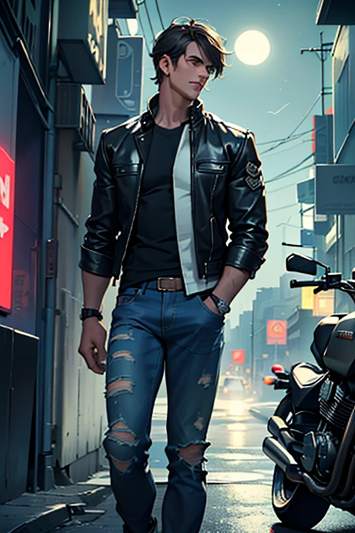 Two attractive men, twin brothers, youths, tall, muscular, sensual, beautiful face, yellow eyes, White smile, dark hair, long bangs, military court, wearing slim fit denim pants, torn up, unbuttoned shirt, leather jacket, (de fondo una ciudad con tall edificios y anuncios brillantes de neón, signs and lights, a lonely street and a motorcycle parked on the side, the dark sky and a waning moon )