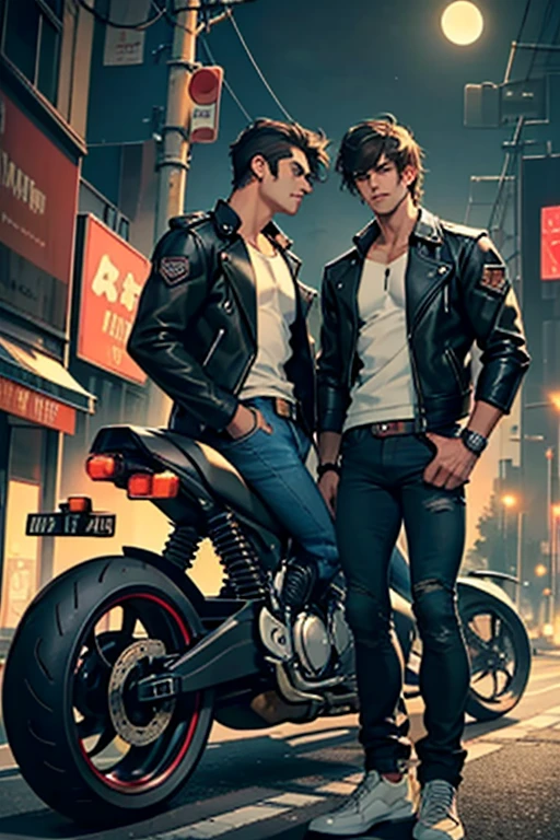 Two attractive men, twin brothers, youths, tall, muscular, sensual, beautiful face, yellow eyes, White smile, dark hair, long bangs, military court, wearing slim fit denim pants, torn up, unbuttoned shirt, leather jacket, (de fondo una ciudad con tall edificios y anuncios brillantes de neón, signs and lights, a lonely street and a motorcycle parked on the side, the dark sky and a waning moon )