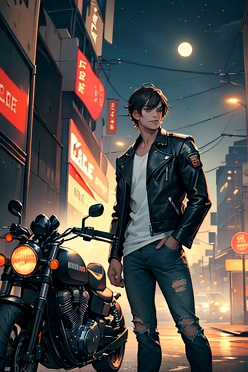 Two attractive men, twin brothers, youths, tall, muscular, sensual, beautiful face, yellow eyes, White smile, dark hair, long bangs, military court, wearing slim fit denim pants, torn up, unbuttoned shirt, leather jacket, (de fondo una ciudad con tall edificios y anuncios brillantes de neón, signs and lights, a lonely street and a motorcycle parked on the side, the dark sky and a waning moon )