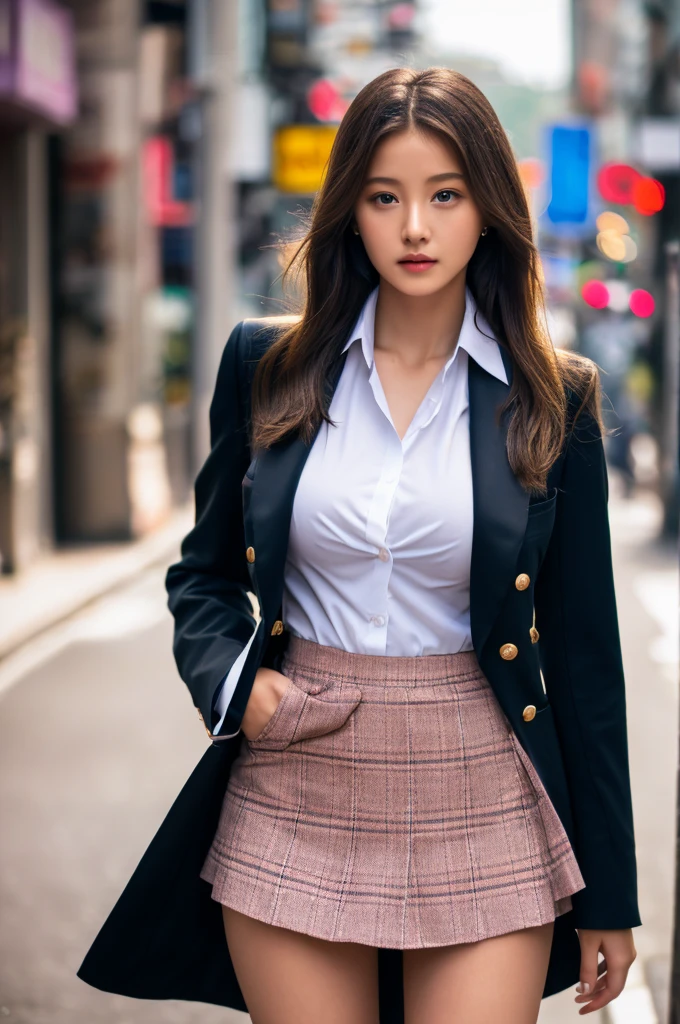 a 16 year old girl, she is the most beautiful actress in the world, the perfect body proportions of this girl, the blazer is tightly closing on the formal shirt which is worn on her large breasts, her crotch area of the panties are hardly hidden by the short skirt, her bare legs, only the front of her body is seen, she is standing straight at the street, nsfw, best quality, highly detailed, masterpiece, ultra high res, photo realistic, 8k, RAW photo