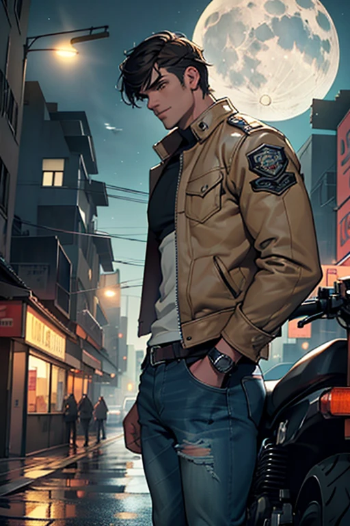 Two attractive men, twin brothers, youths, tall, muscular, sensual, beautiful face, yellow eyes, White smile, dark hair, long bangs, military court, wearing slim fit denim pants, torn up, unbuttoned shirt, leather jacket, (de fondo una ciudad con tall edificios y anuncios brillantes de neón, signs and lights, a lonely street and a motorcycle parked on the side, the dark sky and a waning moon )