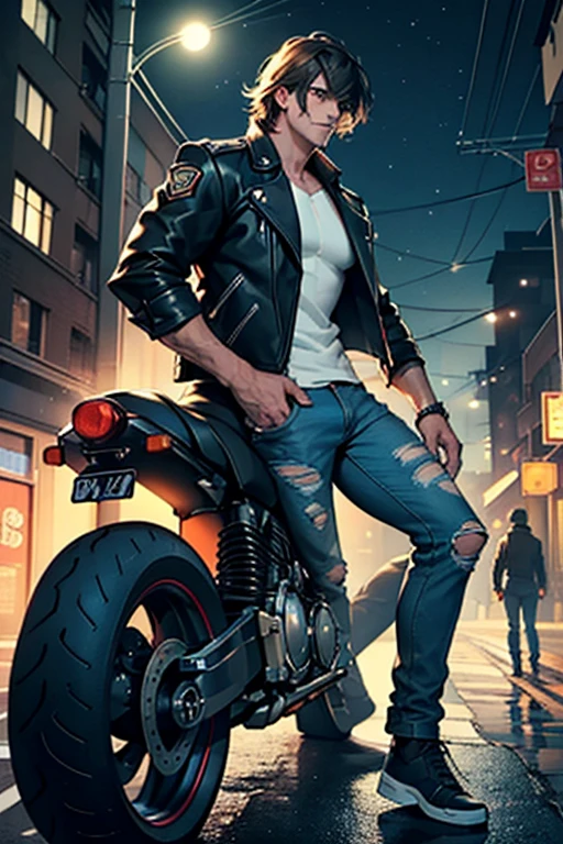 Two attractive men, twin brothers, youths, tall, muscular, sensual, beautiful face, yellow eyes, White smile, dark hair, long bangs, military court, wearing slim fit denim pants, torn up, unbuttoned shirt, leather jacket, (de fondo una ciudad con tall edificios y anuncios brillantes de neón, signs and lights, a lonely street and a motorcycle parked on the side, the dark sky and a waning moon )