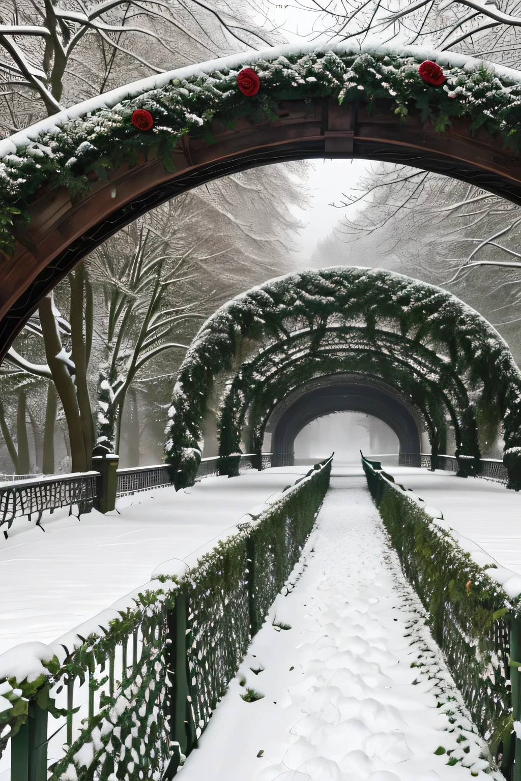 a bridge covered in green vines and red roses all of which covered in thin layer of snow, weather is Misty and dark