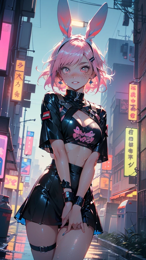 cute little bunny ,(((little ,small tiny body,, chibi))),((())),((little bunny with extremely cute and beautiful fuchsia hair)),(((bunny girl,anthro furry cute,bunny-girl))),(((bunny ears,bunny ears on head,big bunny ears))),
(((flat chest))),(((fuchsia hair:1.35,short fuchsia hair,colored inner hair,ear breathing,))),((heterochromia:1.5, (pink_eye and red_eye))),intricate eyes,beautiful detailed eyes,symmetrical eyes,big eyes:1.5,(((freckles on the face,freckles,freckled girl))),(((lustrous skin:1.5,bright skin: 1.5,skin tanned,shiny skin,very shiny skin,shiny body,plastic glitter skin,exaggerated shiny skin,illuminated skin,wet legs))),(detailed body,(detailed face)),
cute,slutty,erotic,(((nsfw))),
zettai ryouiki,revealing clothing,show skin,((rave shirt,neon colored shirt,rave mini-skirt,visible thong straps)),((underpants strap)),(wearing a rave outfit:1.3,rave clothes,semi-naked,with little clothing),((wet clothes,intricate outfit,intricate clothes)),
(dynamic pose:1.0),solo focus,embarrassed,(centered,scale to fit dimensions,Rule of thirds),
cyberpunk city by the ocean at night, with bright neon signs and dark stormy clouds and puddles, scenery:1.25,nighttime, starry night, cosmos,Very dark night that makes the neon lights stand out, very bright neon lights,nighttime, starry night, cosmos,
artistic photography,(photography taken by sldr),highres, sharp focus, (ultra detailed, extremely detailed), (photorealistic artwork:1.37),(extremely detailed CG unity 8k wallpaper),((synthwave background theme)),(((vibrant colors))),(intricate background),(masterpiece),(best quality)