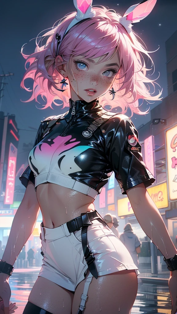 cute little bunny ,(((little ,small tiny body,, chibi))),(((6 years old))),((little bunny with extremely cute and beautiful fuchsia hair)),(((bunny girl,anthro furry cute,bunny-girl))),(((bunny ears,bunny ears on head,big bunny ears))),
(((flat chest))),(((fuchsia hair:1.35,short fuchsia hair,colored inner hair,ear breathing,))),((heterochromia:1.5, (pink_eye and red_eye))),intricate eyes,beautiful detailed eyes,symmetrical eyes,big eyes:1.5,(((freckles on the face,freckles,freckled girl))),(((lustrous skin:1.5,bright skin: 1.5,skin tanned,shiny skin,very shiny skin,shiny body,plastic glitter skin,exaggerated shiny skin,illuminated skin,wet legs))),(detailed body,(detailed face)),
cute,slutty,erotic,(((nsfw))),
zettai ryouiki,revealing clothing,show skin,((rave shirt,neon colored shirt,rave mini-skirt,visible thong straps)),((underpants strap)),(wearing a rave outfit:1.3,rave clothes,semi-naked,with little clothing),((wet clothes,intricate outfit,intricate clothes)),
(dynamic pose:1.0),solo focus,embarrassed,(centered,scale to fit dimensions,Rule of thirds),
cyberpunk city by the ocean at night, with bright neon signs and dark stormy clouds and puddles, scenery:1.25,nighttime, starry night, cosmos,Very dark night that makes the neon lights stand out, very bright neon lights,nighttime, starry night, cosmos,
artistic photography,(photography taken by sldr),highres, sharp focus, (ultra detailed, extremely detailed), (photorealistic artwork:1.37),(extremely detailed CG unity 8k wallpaper),((synthwave background theme)),(((vibrant colors))),(intricate background),(masterpiece),(best quality)