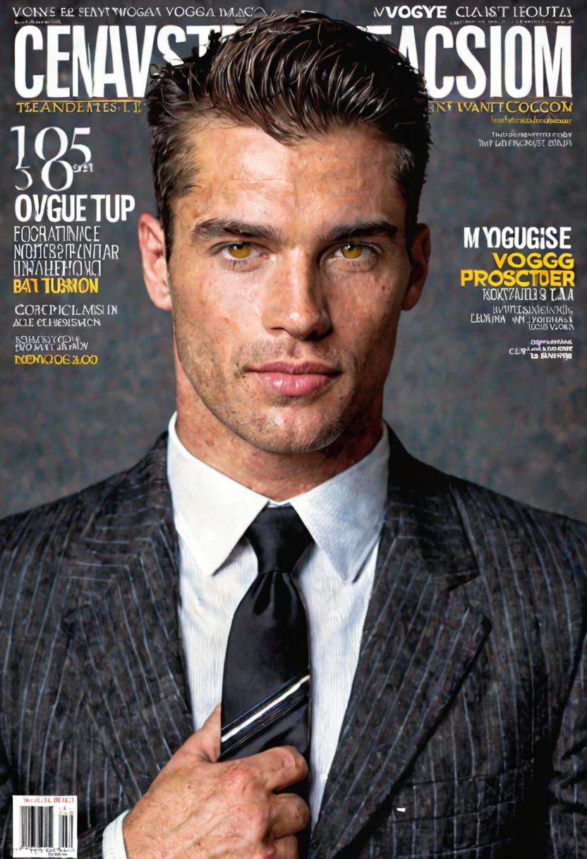 amazing cover of vogue magazine from the 80s, attractive naked man, toned, pubic fleece,,yellow eyes,wide shoulders,small hips, tie,conceptual photography, professional photography,very realistic shadows,warm atmosphere, dynamic shadow,cinematic style,cinematic camera, Masterpiece, trend on flickr,flaccid penis